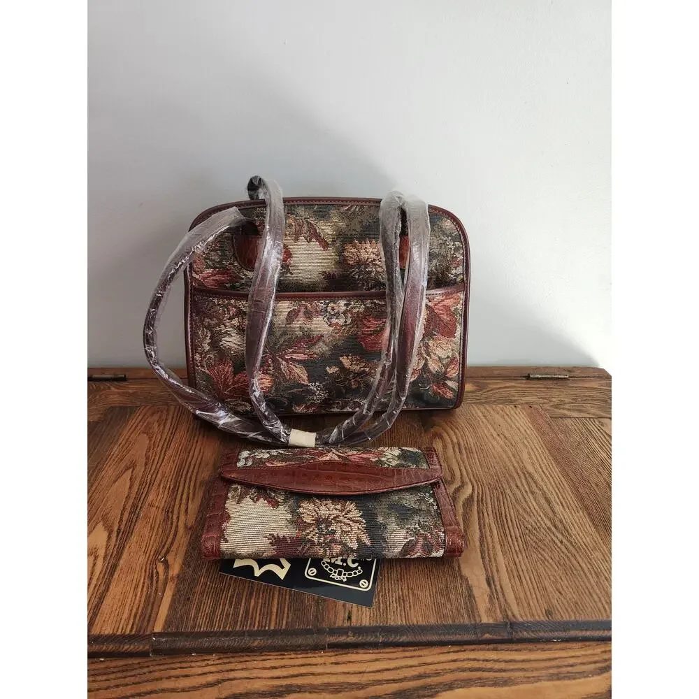 Vtg Marc Chantal Tapestry bag and matching wallet NWT and leather trim 80's
